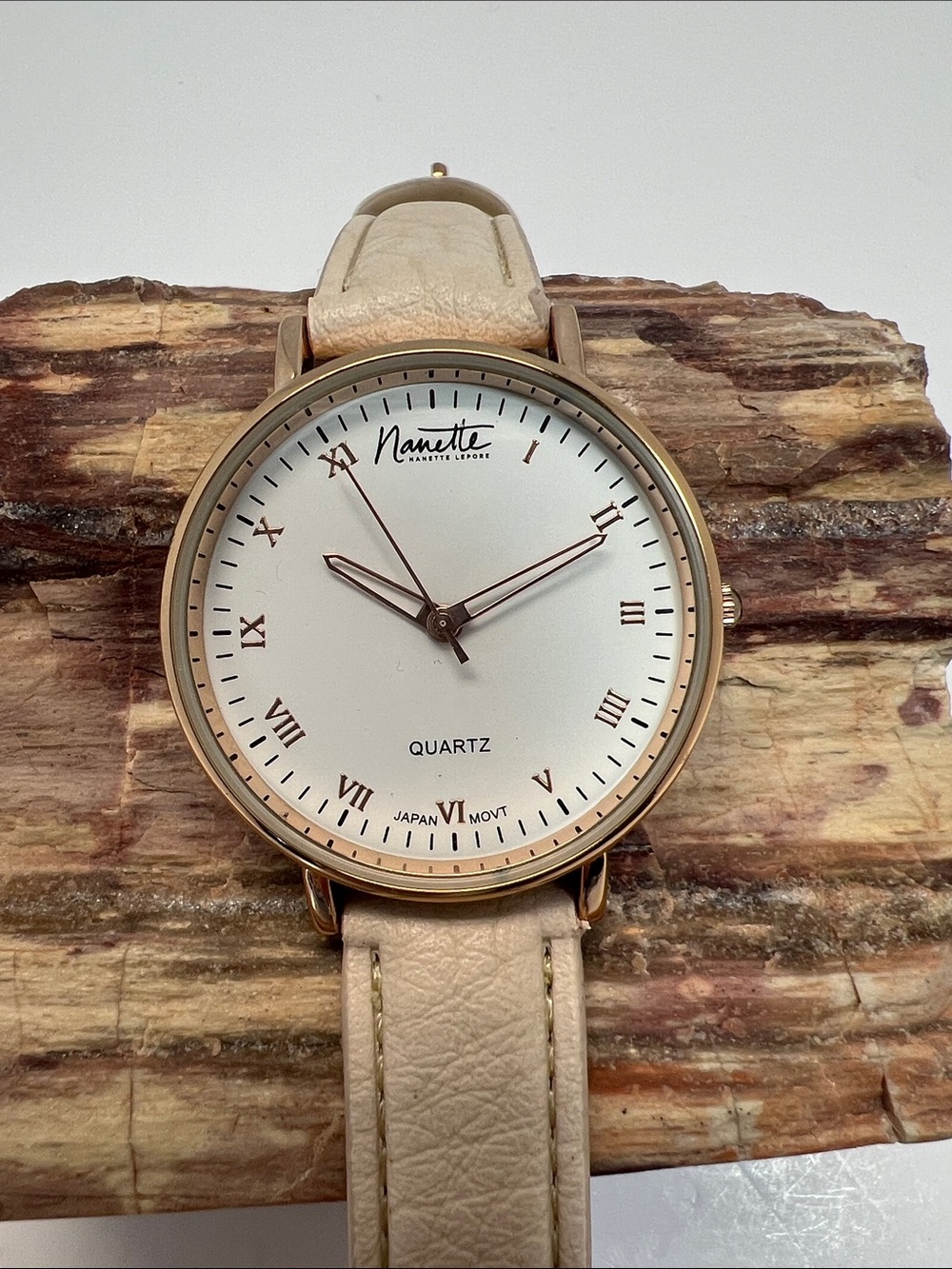Nanette Lepore Beige Leather Strap Rose Gold-Tone Case Watch